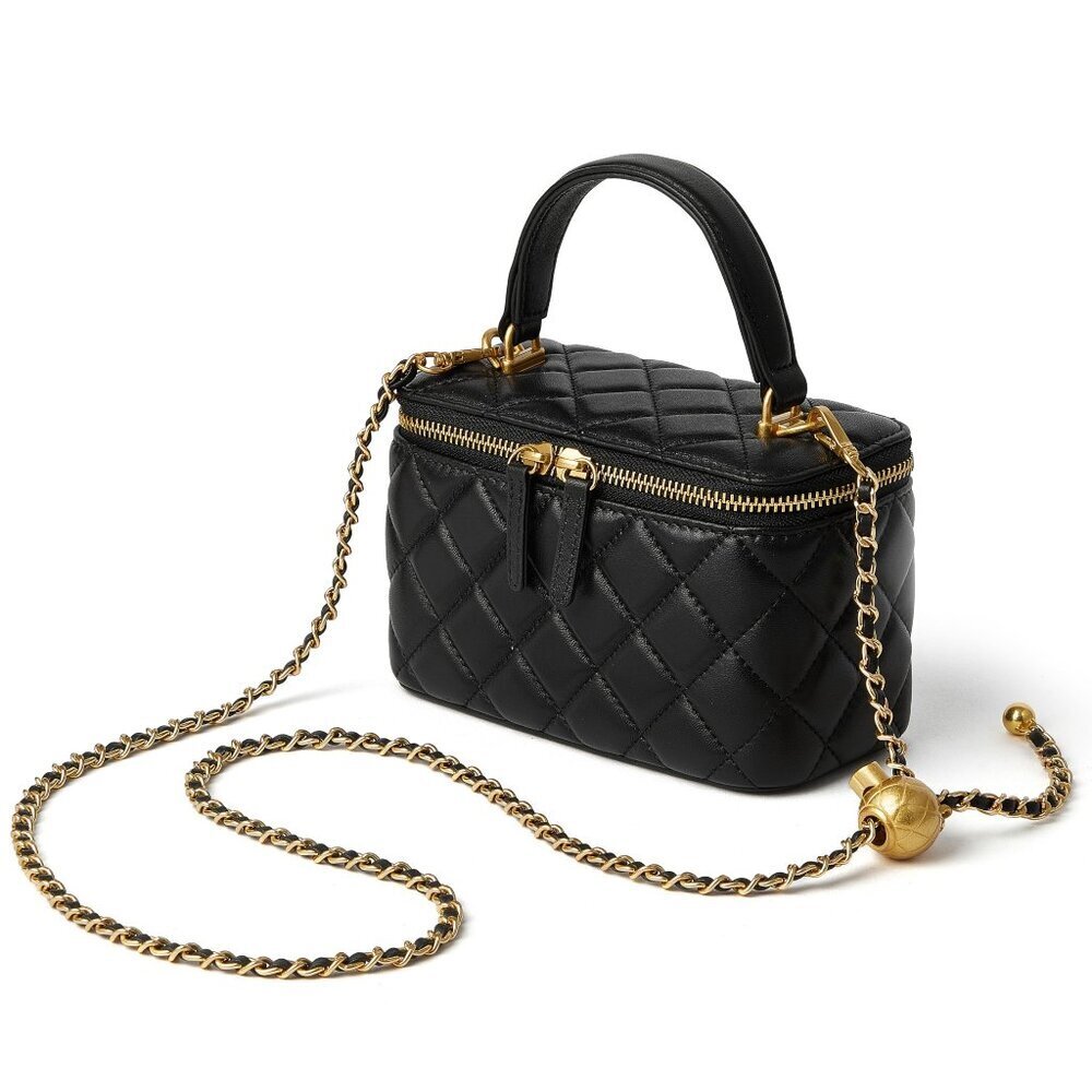 Small Quilted Leather Crossbody Bag with Chain Strap & Top Handle